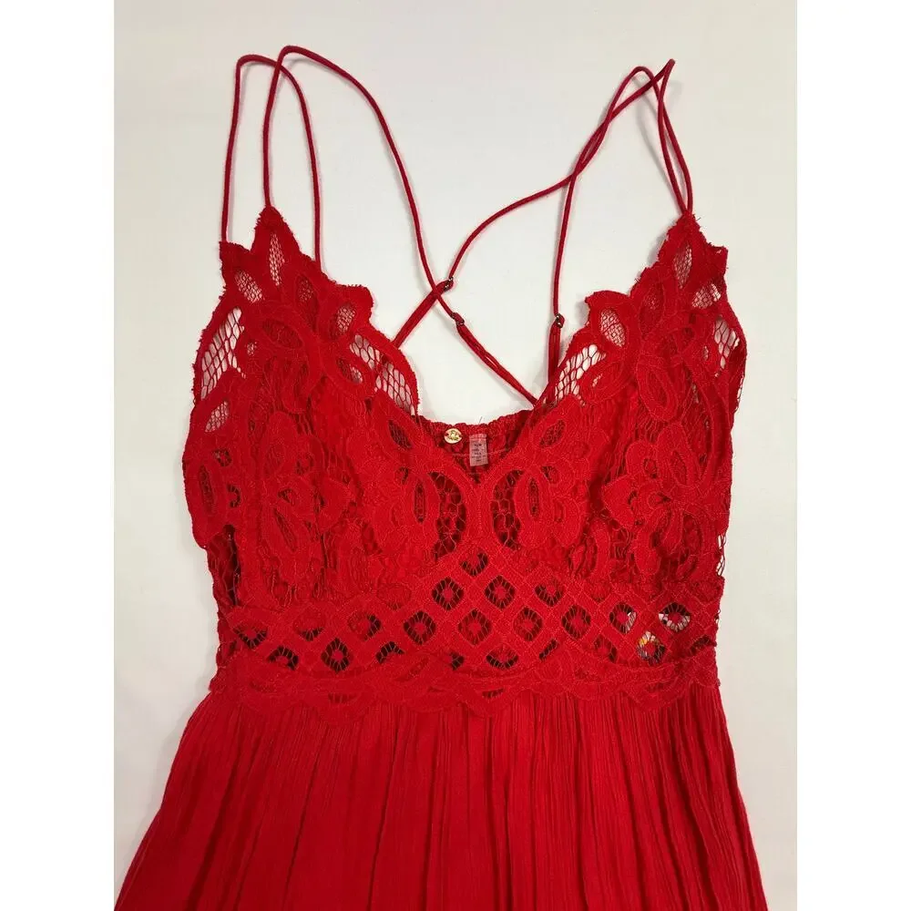 Free People NWT Adella Maxi Slip Dress Sz M Sleeveless Boho Crochet Lace Red - Picture 8 of 12
